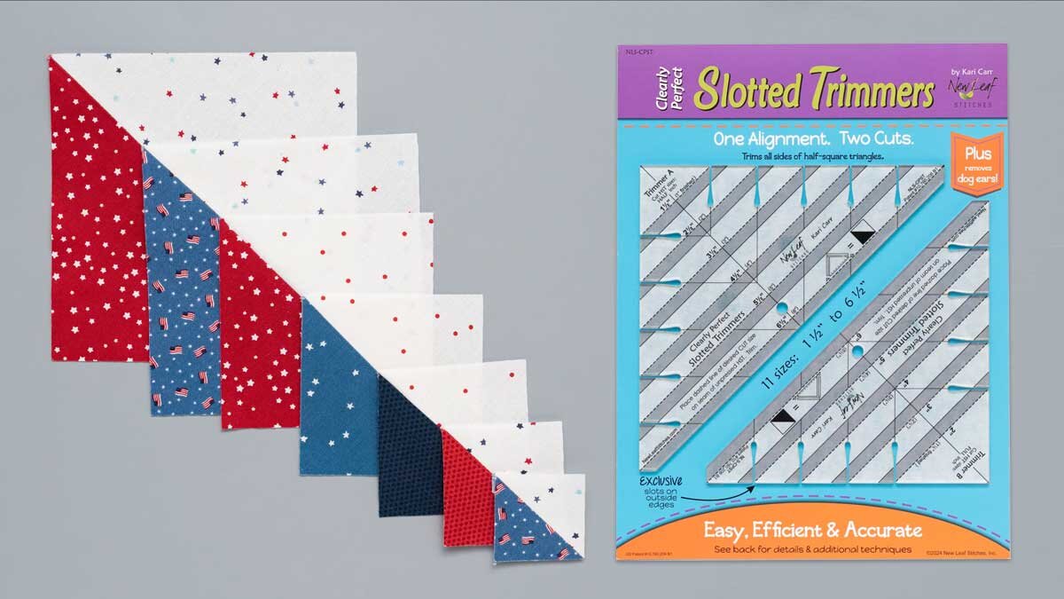 The Clearly Perfect Slotted Trimmers shown with finished half square triangle units in several sizes.